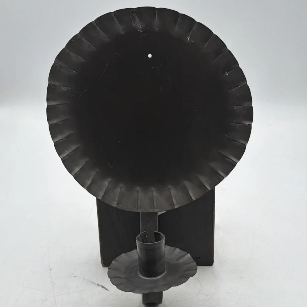 Vintage Tin Round Reflector Crimped Wall Sconce Candle Holder Prim Folk Decor